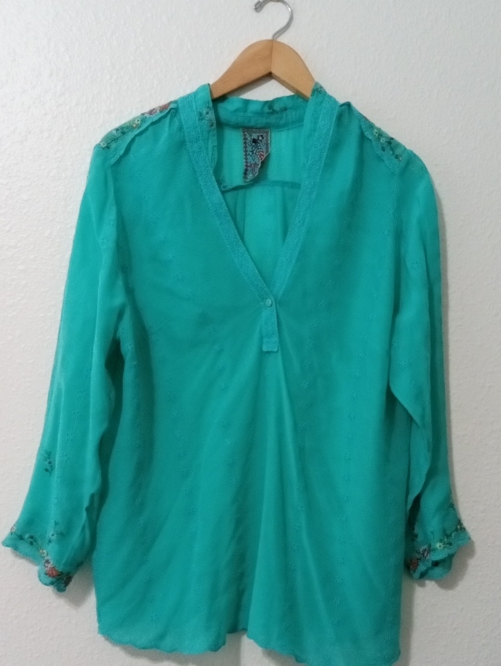 Johnny Was Teal Embroidered V-Neck Blouse